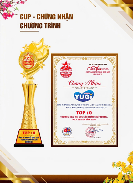 Cúp và chứng nhận Top 10 năm 2024 của thương hiệu Yugi